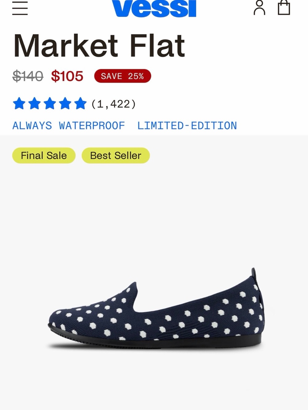 Vessi Navy Polka Dot Market Flat Slip-On